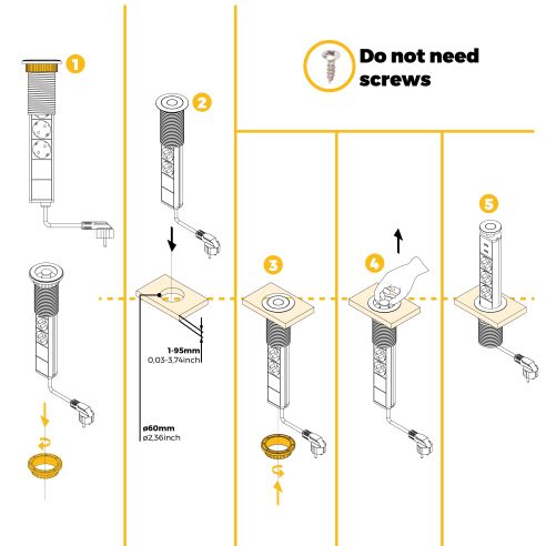 Emuca Multipresa estraibile Vertikal, 3 prese Schuko, 2 USB tipo A, Tecnoplastica e Alluminio, Verniciato bianco