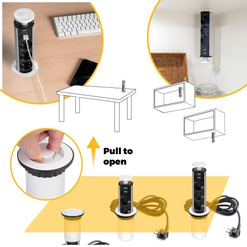 Emuca Multipresa estraibile Vertikal, 3 prese Schuko, 2 USB tipo A, Tecnoplastica e Alluminio, Verniciato bianco