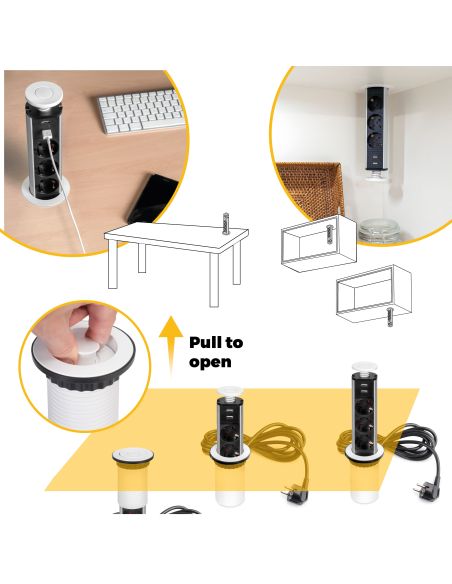 Emuca Multipresa estraibile Vertikal, 3 prese Schuko, 2 USB tipo A, Tecnoplastica e Alluminio, Verniciato bianco