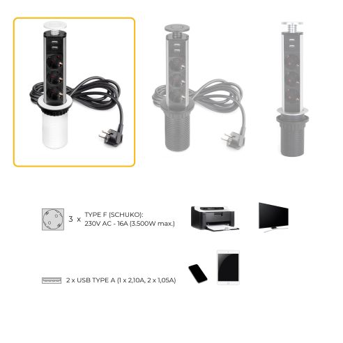 Emuca Multipresa estraibile Vertikal, 3 prese Schuko, 2 USB tipo A, Tecnoplastica e Alluminio, Verniciato bianco