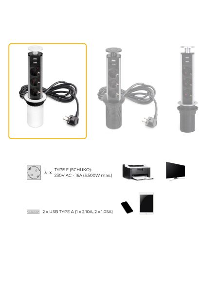Emuca Multipresa estraibile Vertikal, 3 prese Schuko, 2 USB tipo A, Tecnoplastica e Alluminio, Verniciato bianco