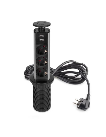 Emuca Multipresa estraibile Vertikal, 3 prese Schuko, 2 USB tipo A, Tecnoplastica e Alluminio, Verniciato nero