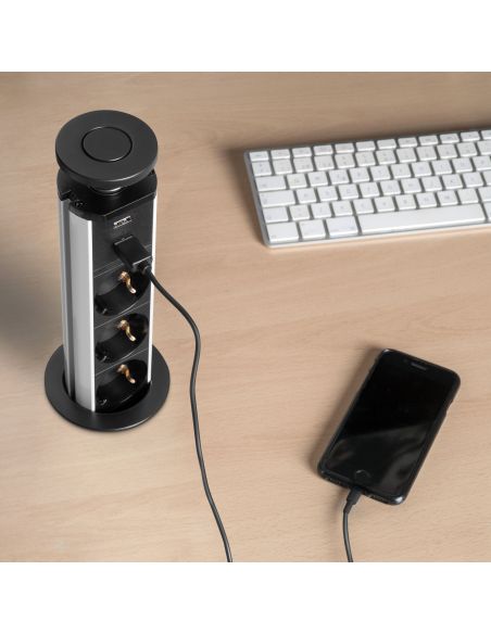 Emuca Multipresa estraibile Vertikal, 3 prese Schuko, 2 USB tipo A, Tecnoplastica e Alluminio, Verniciato nero