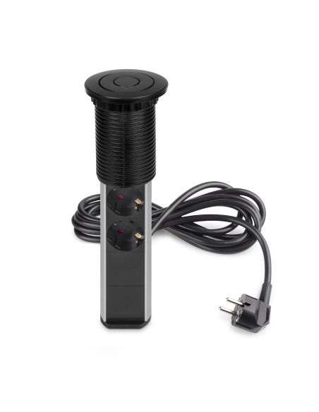 Emuca Multipresa estraibile Vertikal, 3 prese Schuko, 2 USB tipo A, Tecnoplastica e Alluminio, Verniciato nero