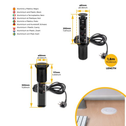 Emuca Multipresa estraibile Vertikal, 3 prese Schuko, 2 USB tipo A, Tecnoplastica e Alluminio, Verniciato nero