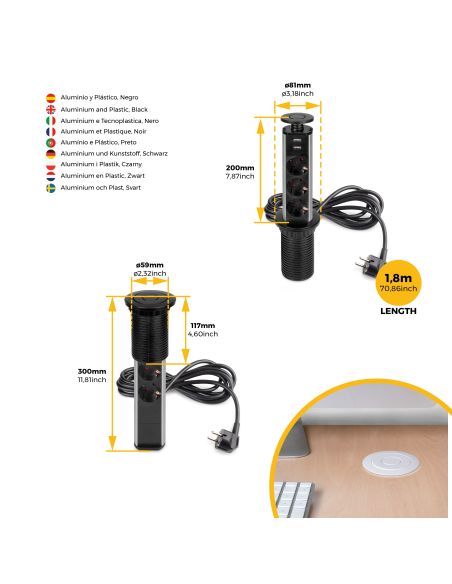 Emuca Multipresa estraibile Vertikal, 3 prese Schuko, 2 USB tipo A, Tecnoplastica e Alluminio, Verniciato nero