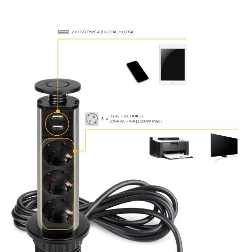 Emuca Multipresa estraibile Vertikal, 3 prese Schuko, 2 USB tipo A, Tecnoplastica e Alluminio, Verniciato nero