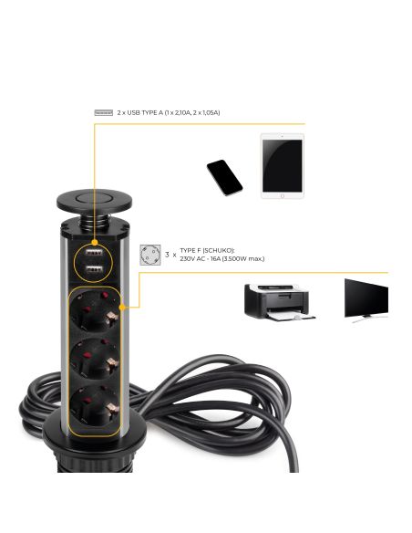 Emuca Multipresa estraibile Vertikal, 3 prese Schuko, 2 USB tipo A, Tecnoplastica e Alluminio, Verniciato nero