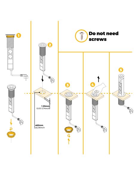 Emuca Multipresa estraibile Vertikal, 3 prese Schuko, 2 USB tipo A, Tecnoplastica e Alluminio, Verniciato nero
