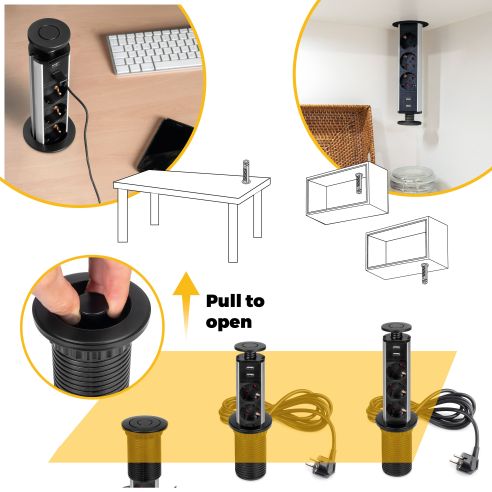 Emuca Multipresa estraibile Vertikal, 3 prese Schuko, 2 USB tipo A, Tecnoplastica e Alluminio, Verniciato nero