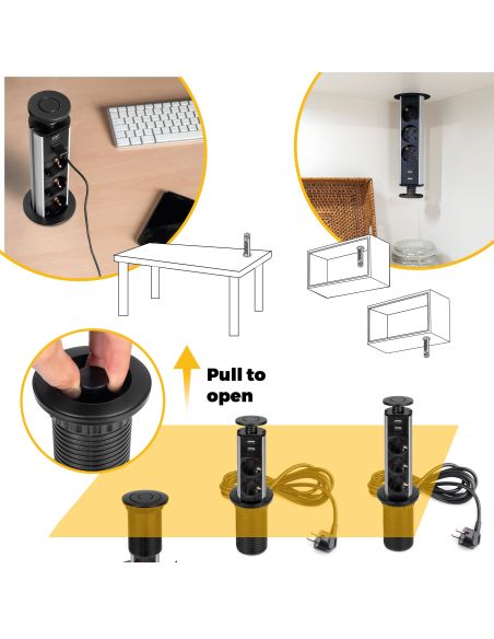 Emuca Multipresa estraibile Vertikal, 3 prese Schuko, 2 USB tipo A, Tecnoplastica e Alluminio, Verniciato nero