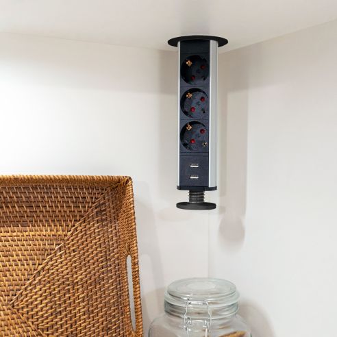 Emuca Multipresa estraibile Vertikal, 3 prese Schuko, 2 USB tipo A, Tecnoplastica e Alluminio, Verniciato nero