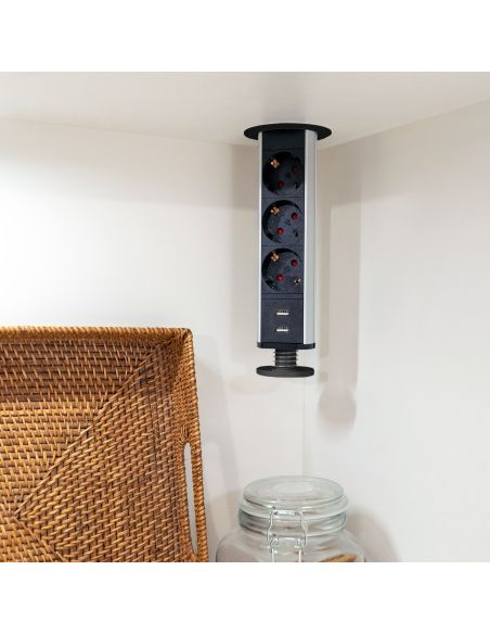 Emuca Multipresa estraibile Vertikal, 3 prese Schuko, 2 USB tipo A, Tecnoplastica e Alluminio, Verniciato nero
