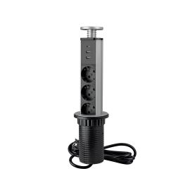 Emuca Multipresa estraibile Vertikal, 3 prese Schuko, 1 USB Tipo A, 1 USB Tipo C, Tecnoplastica e Alluminio, Grigio metallizzata