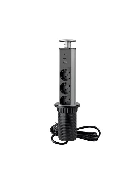 Emuca Multipresa estraibile Vertikal, 3 prese Schuko, 1 USB Tipo A, 1 USB Tipo C, Tecnoplastica e Alluminio, Grigio metallizzata