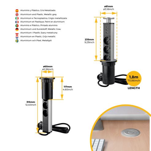 Emuca Multipresa estraibile Vertikal, 3 prese Schuko, 1 USB Tipo A, 1 USB Tipo C, Tecnoplastica e Alluminio, Grigio metallizzata