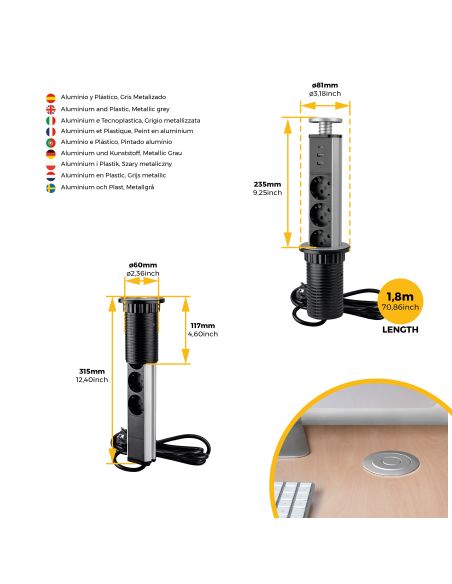 Emuca Multipresa estraibile Vertikal, 3 prese Schuko, 1 USB Tipo A, 1 USB Tipo C, Tecnoplastica e Alluminio, Grigio metallizzata