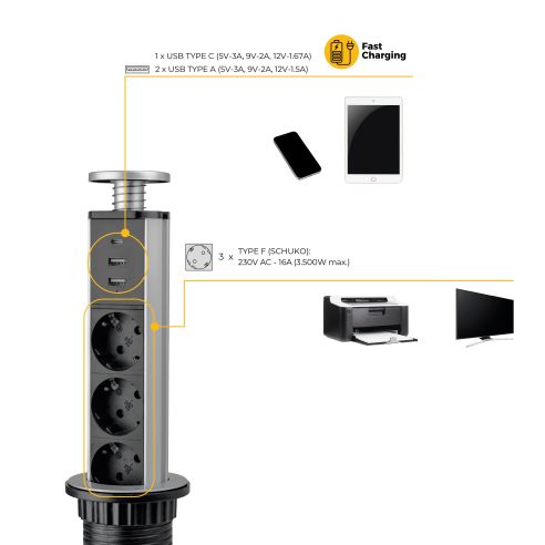 Emuca Multipresa estraibile Vertikal, 3 prese Schuko, 1 USB Tipo A, 1 USB Tipo C, Tecnoplastica e Alluminio, Grigio metallizzata