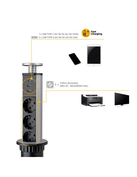 Emuca Multipresa estraibile Vertikal, 3 prese Schuko, 1 USB Tipo A, 1 USB Tipo C, Tecnoplastica e Alluminio, Grigio metallizzata