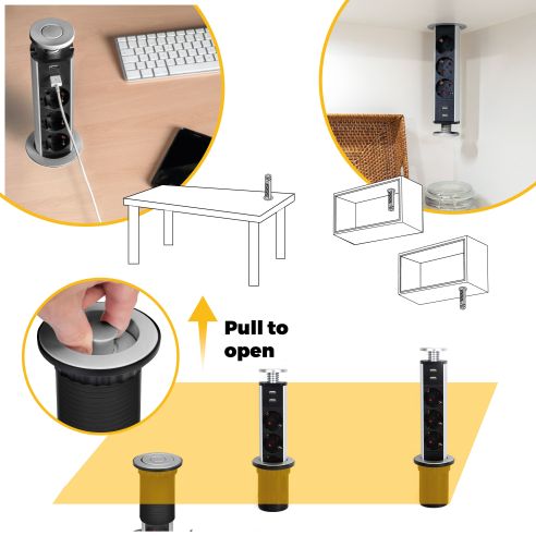 Emuca Multipresa estraibile Vertikal, 3 prese Schuko, 1 USB Tipo A, 1 USB Tipo C, Tecnoplastica e Alluminio, Grigio metallizzata