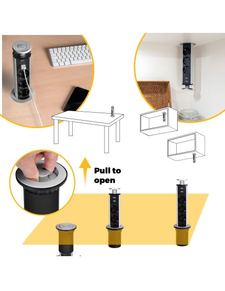 Emuca Multipresa estraibile Vertikal, 3 prese Schuko, 1 USB Tipo A, 1 USB Tipo C, Tecnoplastica e Alluminio, Grigio metallizzata