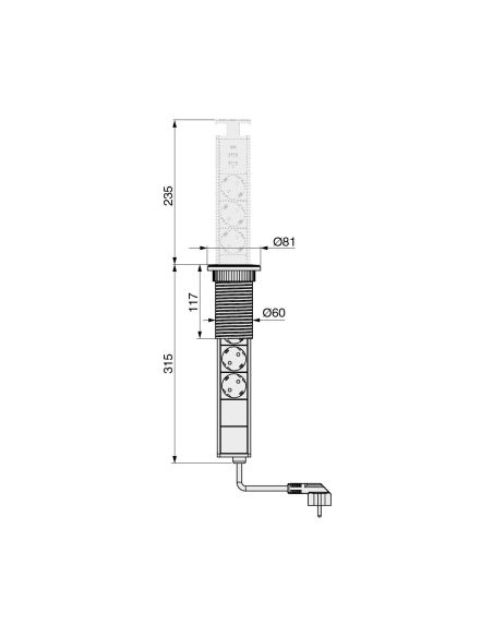 Emuca Multipresa estraibile Vertikal, 3 prese Schuko, 1 USB Tipo A, 1 USB Tipo C, Tecnoplastica e Alluminio, Grigio metallizzata