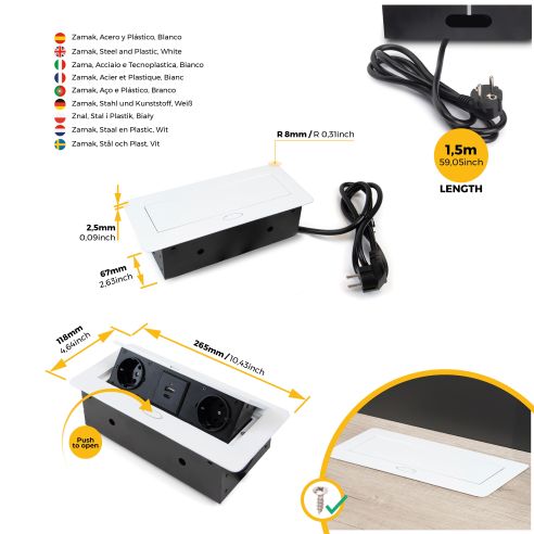 Emuca Multipresa Atom 26 Lite per scrivania, Verniciato bianco, Zama e Acciaio e Tecnoplastica