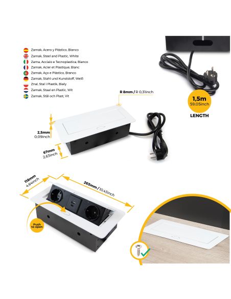 Emuca Multipresa Atom 26 Lite per scrivania, Verniciato bianco, Zama e Acciaio e Tecnoplastica