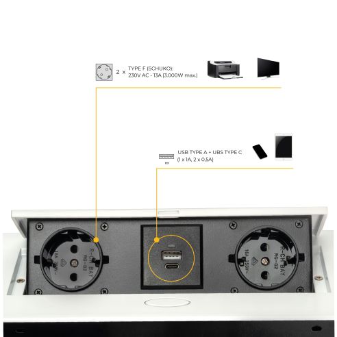 Emuca Multipresa Atom 26 Lite per scrivania, Verniciato bianco, Zama e Acciaio e Tecnoplastica