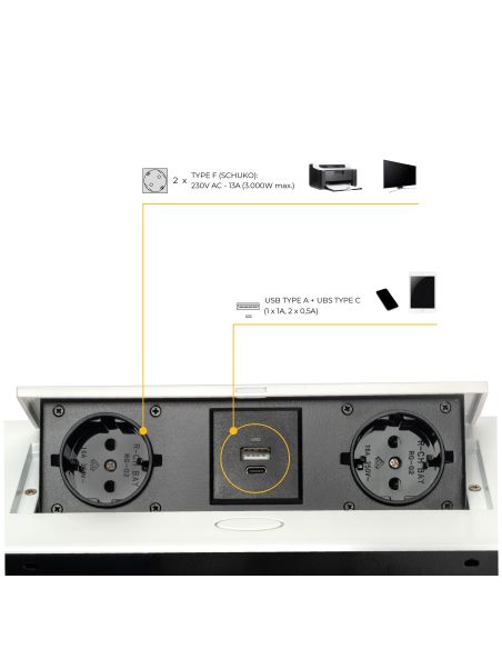 Emuca Multipresa Atom 26 Lite per scrivania, Verniciato bianco, Zama e Acciaio e Tecnoplastica