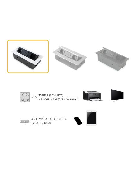 Emuca Multipresa Atom 26 Lite per scrivania, Verniciato bianco, Zama e Acciaio e Tecnoplastica