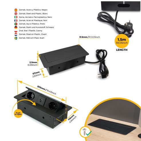 Emuca Multipresa Atom 26 Lite per scrivania, Verniciato nero, Zama e Acciaio e Tecnoplastica