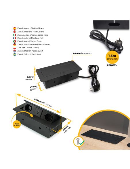 Emuca Multipresa Atom 26 Lite per scrivania, Verniciato nero, Zama e Acciaio e Tecnoplastica