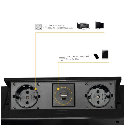 Emuca Multipresa Atom 26 Lite per scrivania, Verniciato nero, Zama e Acciaio e Tecnoplastica