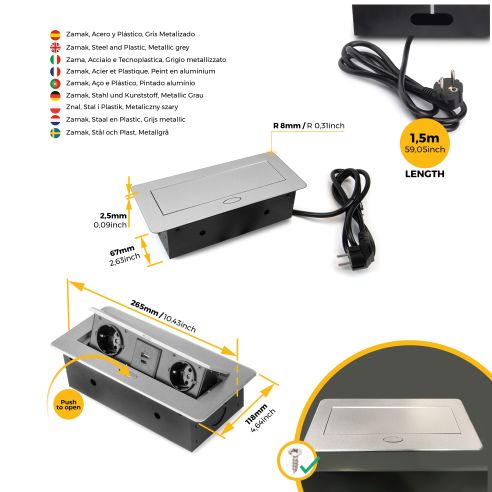 Emuca Multipresa Atom 26 Lite per scrivania, Verniciato alluminio, Zama e Acciaio e Tecnoplastica