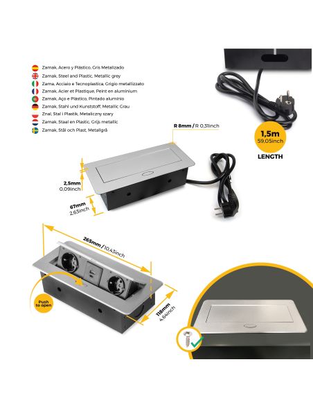 Emuca Multipresa Atom 26 Lite per scrivania, Verniciato alluminio, Zama e Acciaio e Tecnoplastica