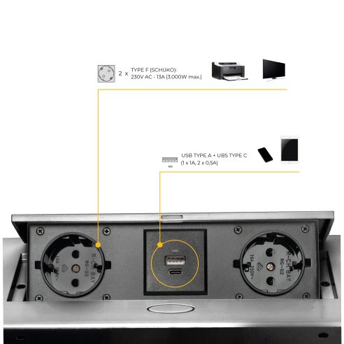Emuca Multipresa Atom 26 Lite per scrivania, Verniciato alluminio, Zama e Acciaio e Tecnoplastica