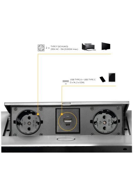 Emuca Multipresa Atom 26 Lite per scrivania, Verniciato alluminio, Zama e Acciaio e Tecnoplastica
