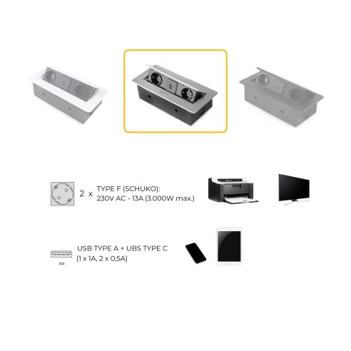 Emuca Multipresa Atom 26 Lite per scrivania, Verniciato alluminio, Zama e Acciaio e Tecnoplastica