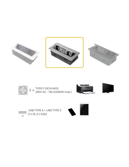 Emuca Multipresa Atom 26 Lite per scrivania, Verniciato alluminio, Zama e Acciaio e Tecnoplastica