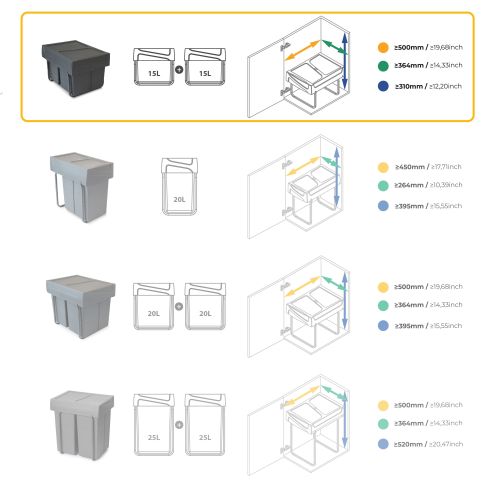 Emuca Contenitore per la raccolta differenziata da montare sul fondo ed estraibile manualmente in cucina 2x15lt, Grigio