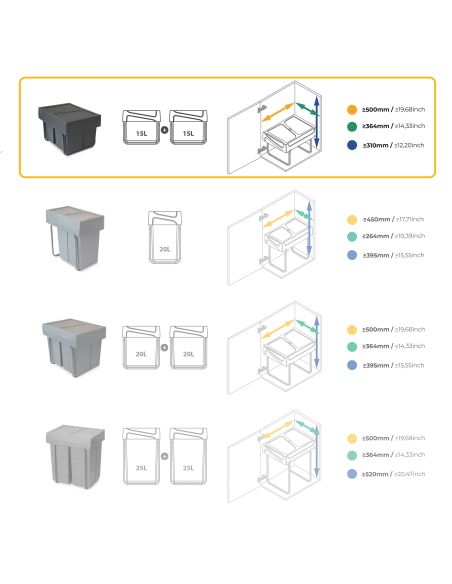 Emuca Contenitore per la raccolta differenziata da montare sul fondo ed estraibile manualmente in cucina 2x15lt, Grigio