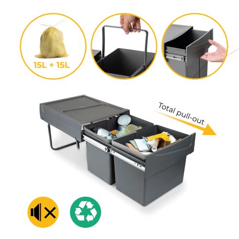 Emuca Contenitore per la raccolta differenziata da montare sul fondo ed estraibile manualmente in cucina 2x15lt, Grigio