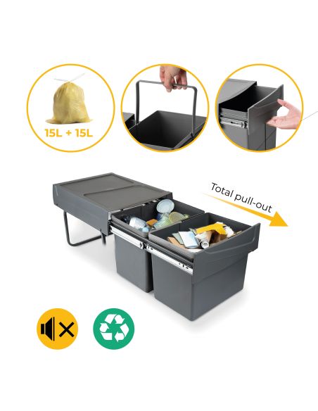 Emuca Contenitore per la raccolta differenziata da montare sul fondo ed estraibile manualmente in cucina 2x15lt, Grigio