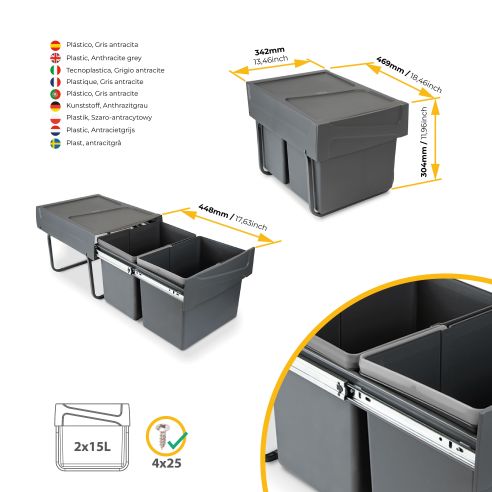 Emuca Contenitore per la raccolta differenziata da montare sul fondo ed estraibile manualmente in cucina 2x15lt, Grigio
