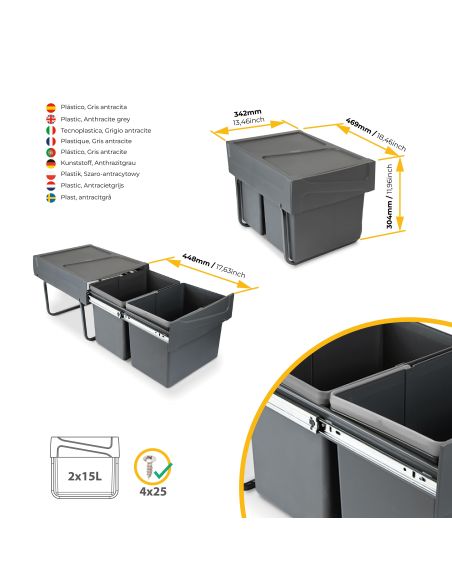 Emuca Contenitore per la raccolta differenziata da montare sul fondo ed estraibile manualmente in cucina 2x15lt, Grigio