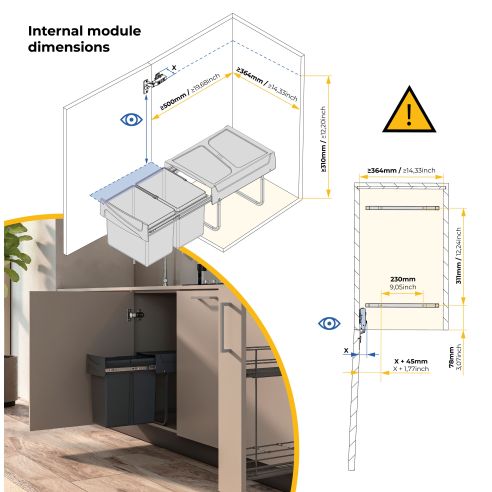 Emuca Contenitore per la raccolta differenziata da montare sul fondo ed estraibile manualmente in cucina 2x15lt, Grigio