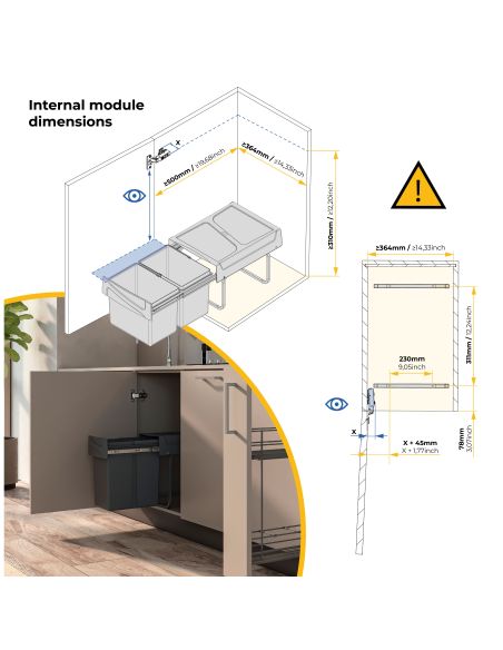 Emuca Contenitore per la raccolta differenziata da montare sul fondo ed estraibile manualmente in cucina 2x15lt, Grigio