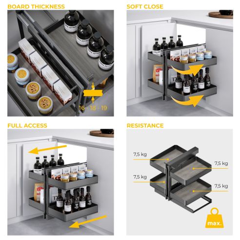 Emuca Sistema angolare articolato estraibile Harmony per mobile da cucina, Destra/Sinistra, Acciaio e Legno, Grigio antracite
