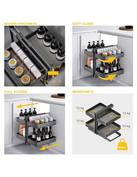 Emuca Sistema angolare articolato estraibile Harmony per mobile da cucina, Destra/Sinistra, Acciaio e Legno, Grigio antracite
